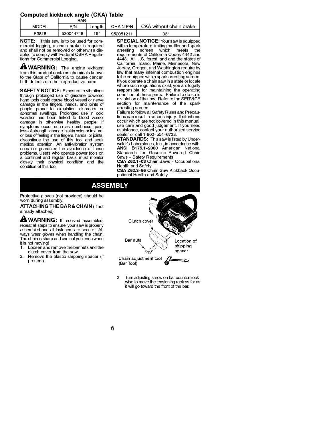 Poulan P3816, 966557801, 115327926 Assembly, Attaching the BAR & Chain If not, Ansi B175.1-2000 American National 