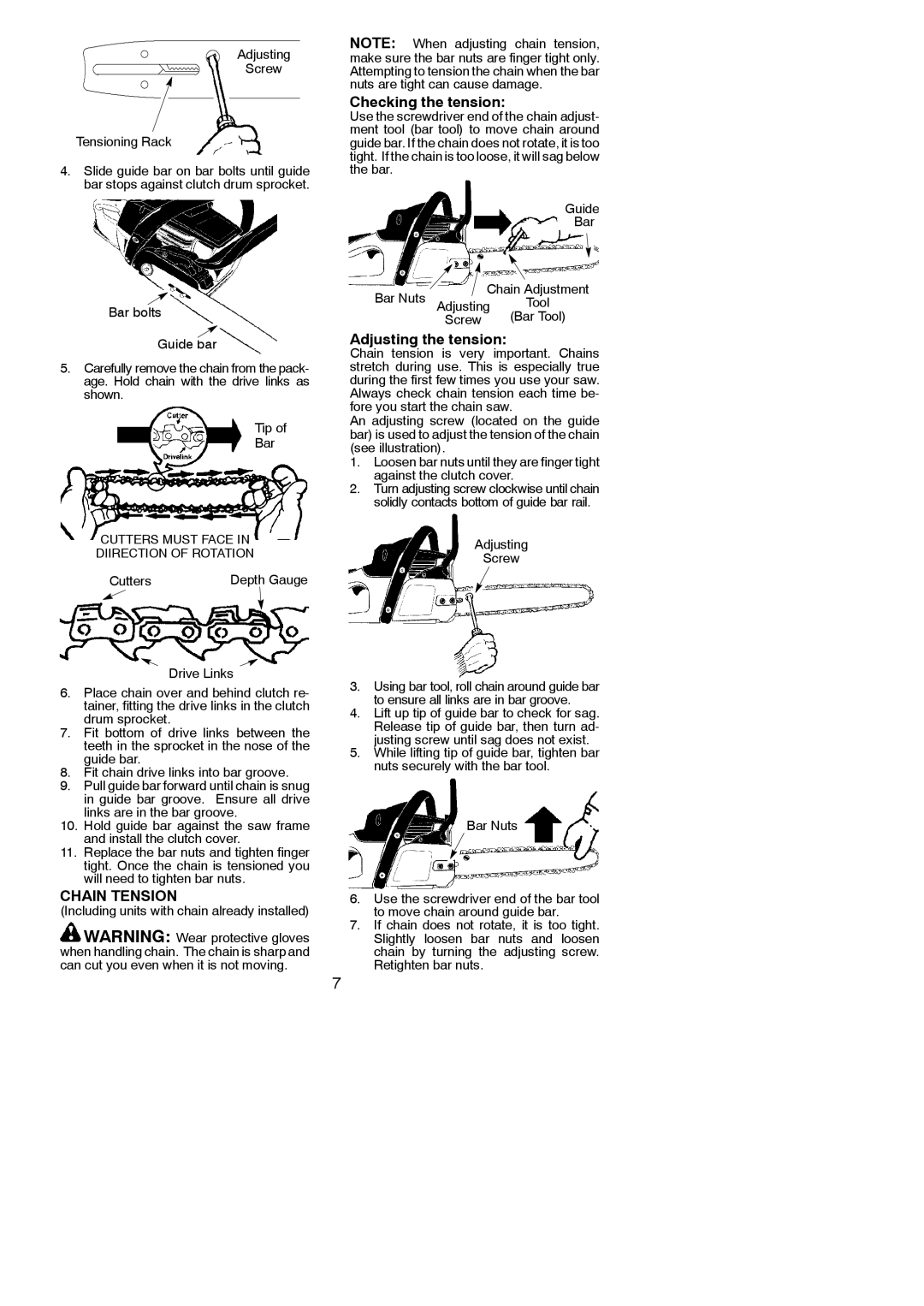 Poulan 966557801, P3816, 115327926 instruction manual Chain Tension, Checking the tension, Adjusting the tension 