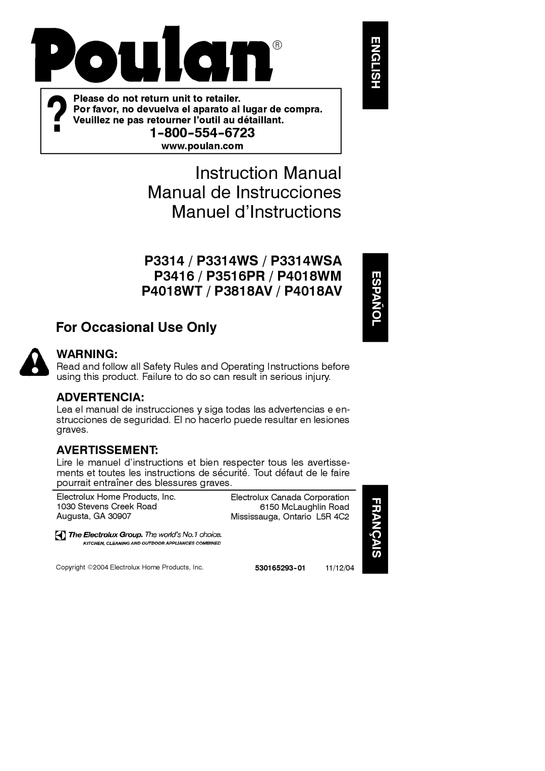 Poulan P4018AV, P4018WM, P3818AV, P3416, P3314WSA instruction manual 530165293-01, 11/12/04 