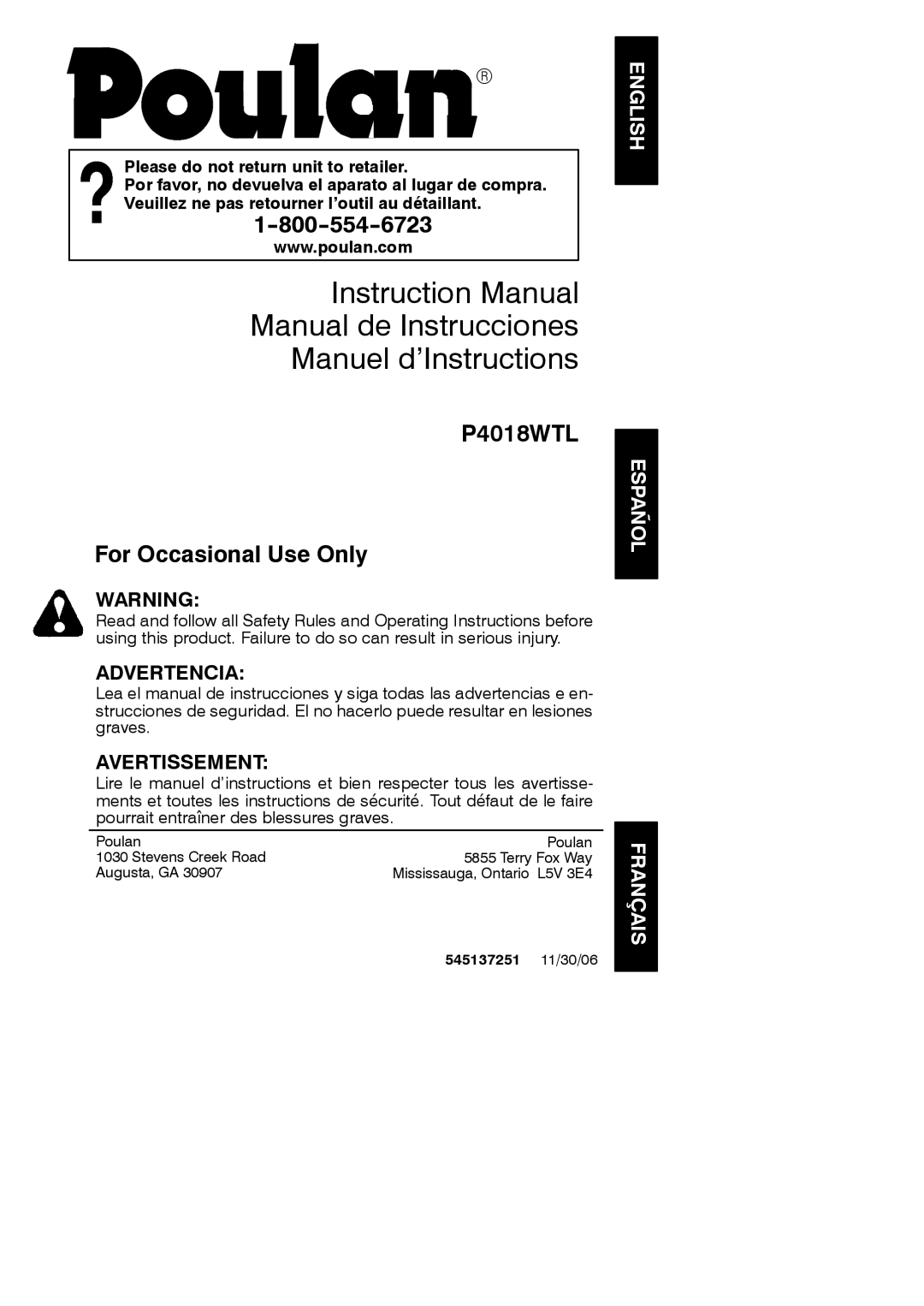 Poulan P4018WTL instruction manual Manual de Instrucciones Manuel d’Instructions, 545137251 11/30/06 