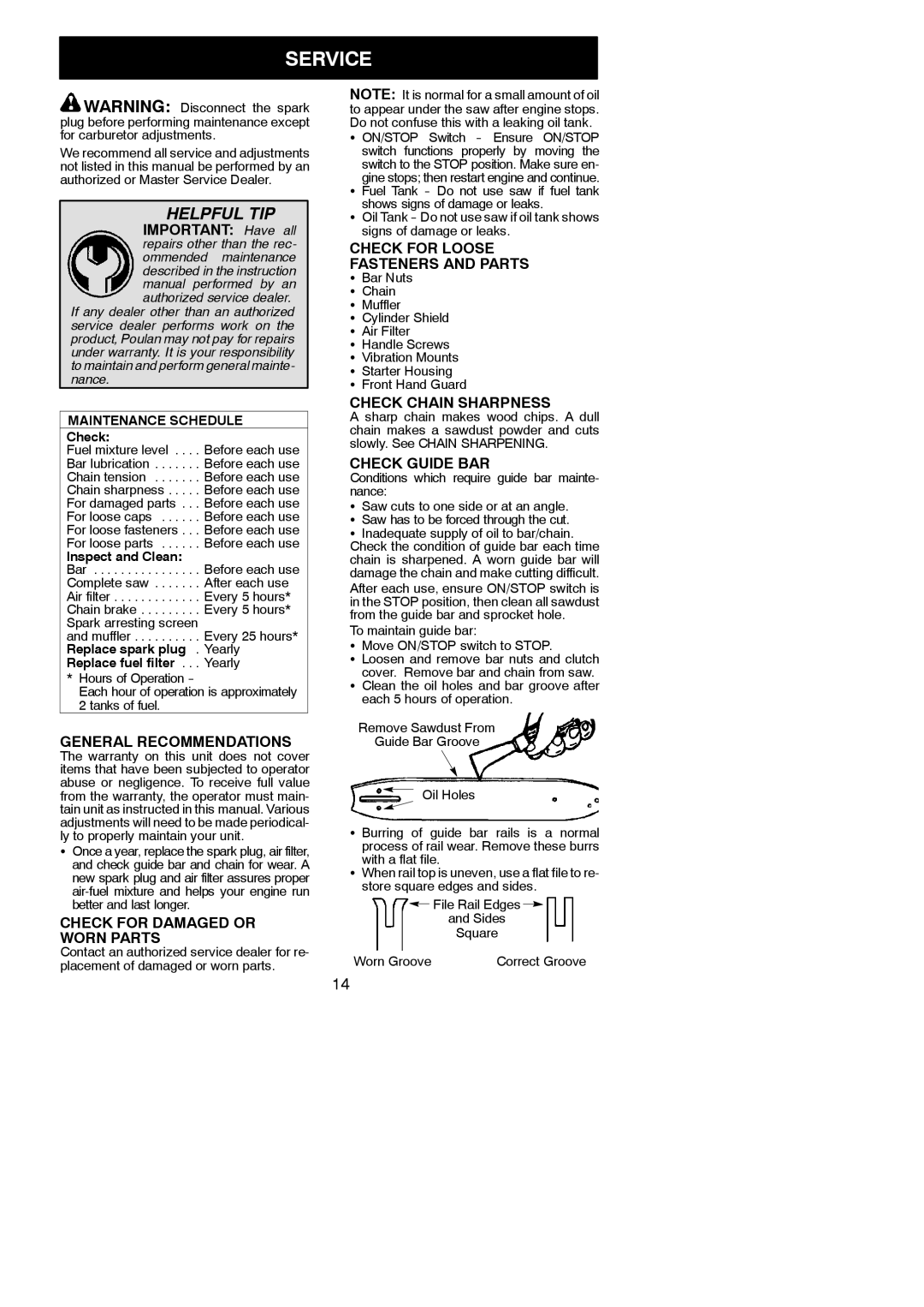 Poulan P4018WTL instruction manual Service 