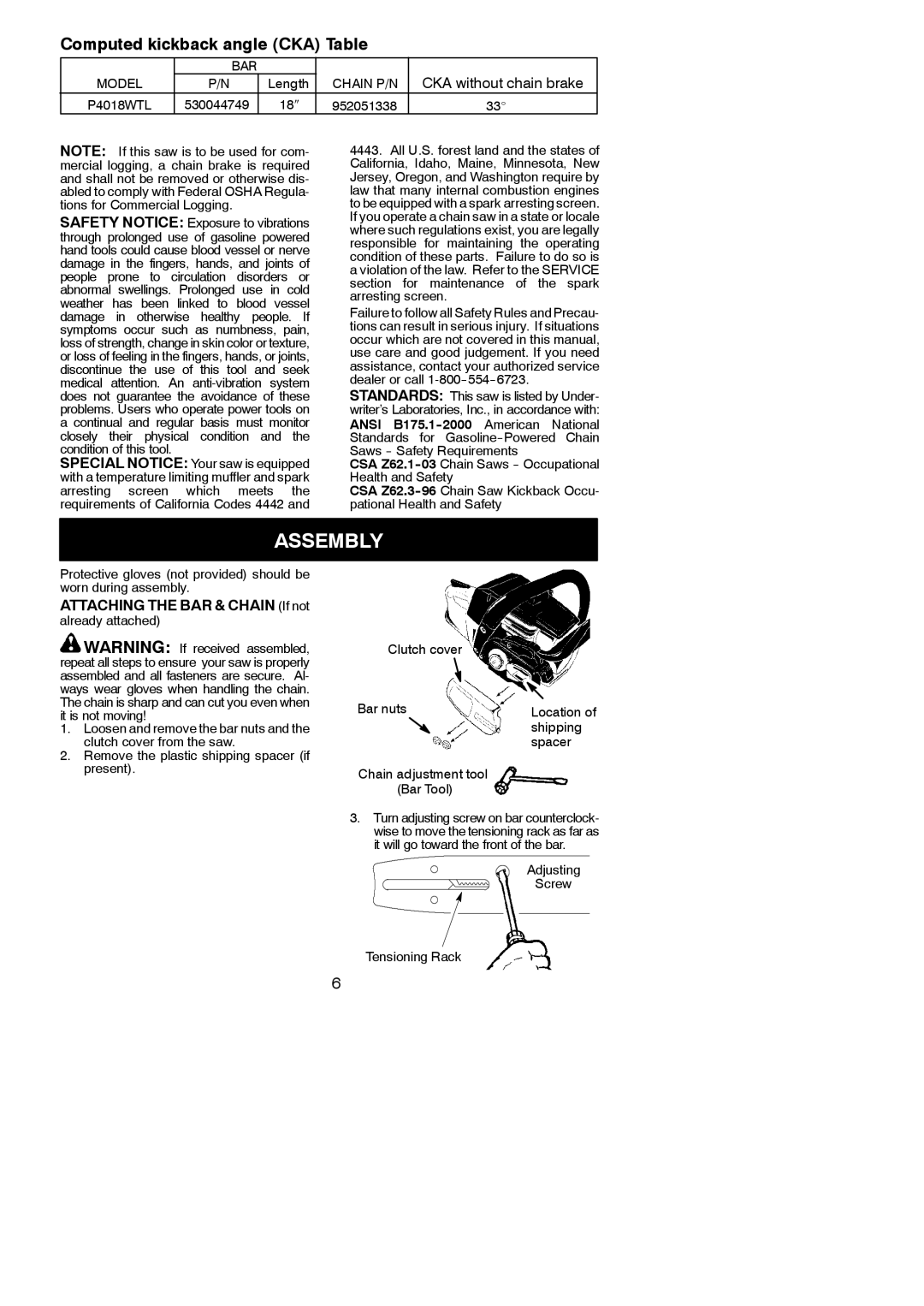 Poulan P4018WTL instruction manual Assembly, Attaching the BAR & Chain If not, Adjusting Screw Tensioning Rack 