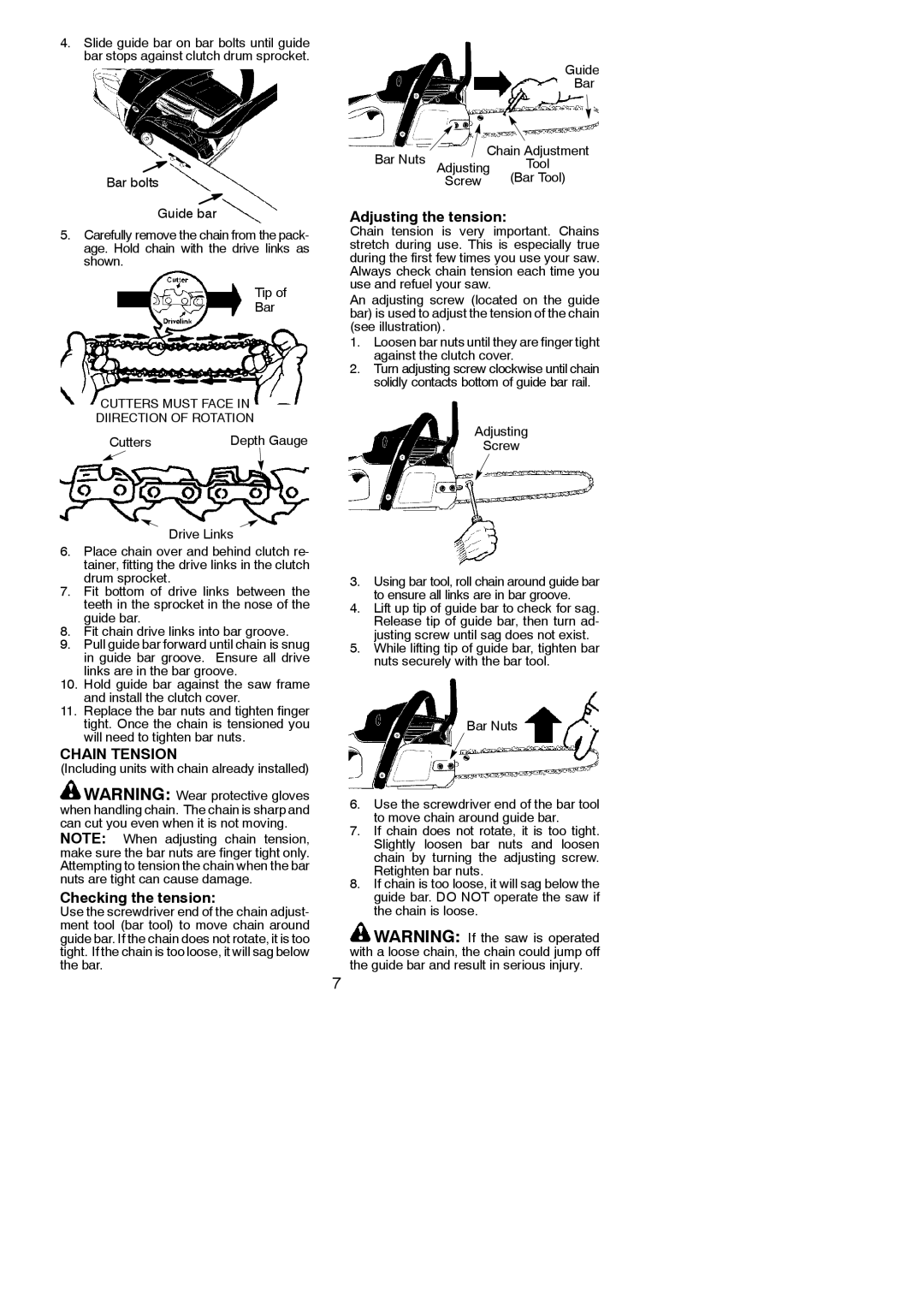 Poulan P4018WTL instruction manual Chain Tension, Checking the tension, Adjusting the tension, Cutters, Adjusting Screw 