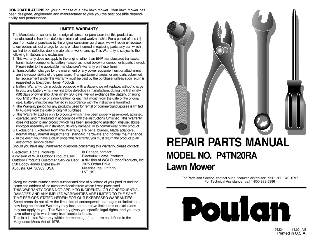 Poulan warranty Limited Warranty, Repair Parts Manual, MODEL NO. P4TN20RA Lawn Mower 