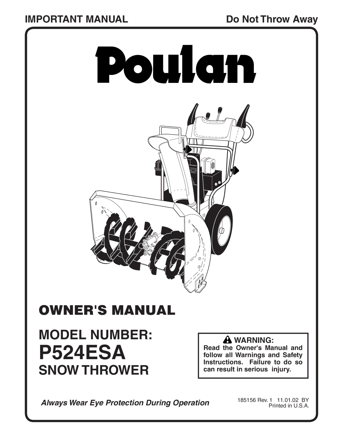 Poulan P524ESA owner manual Model Number, Snow Thrower 