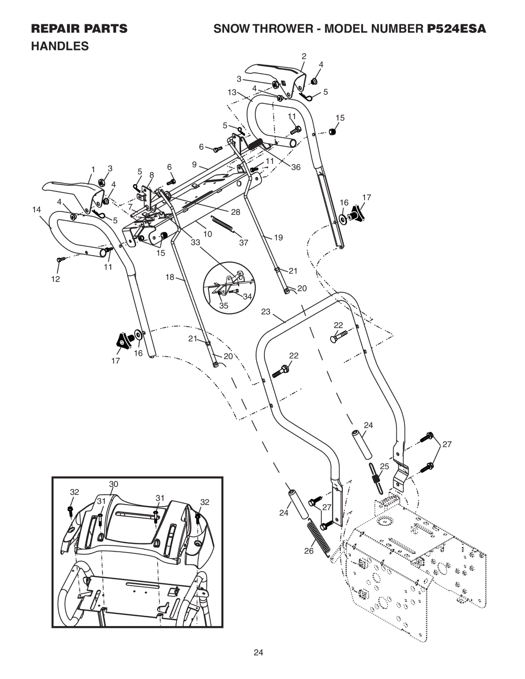 Poulan owner manual Repair Parts Snow Thrower Model Number P524ESA Handles 