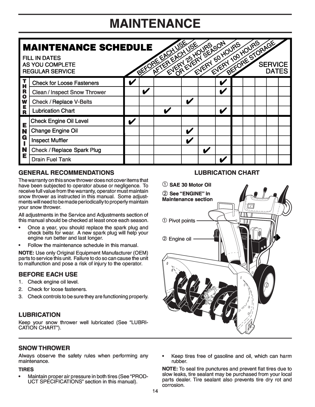 Poulan P8527ESA Maintenance, General Recommendations, Before Each Use, Snow Thrower, Lubrication Chart, Tires 