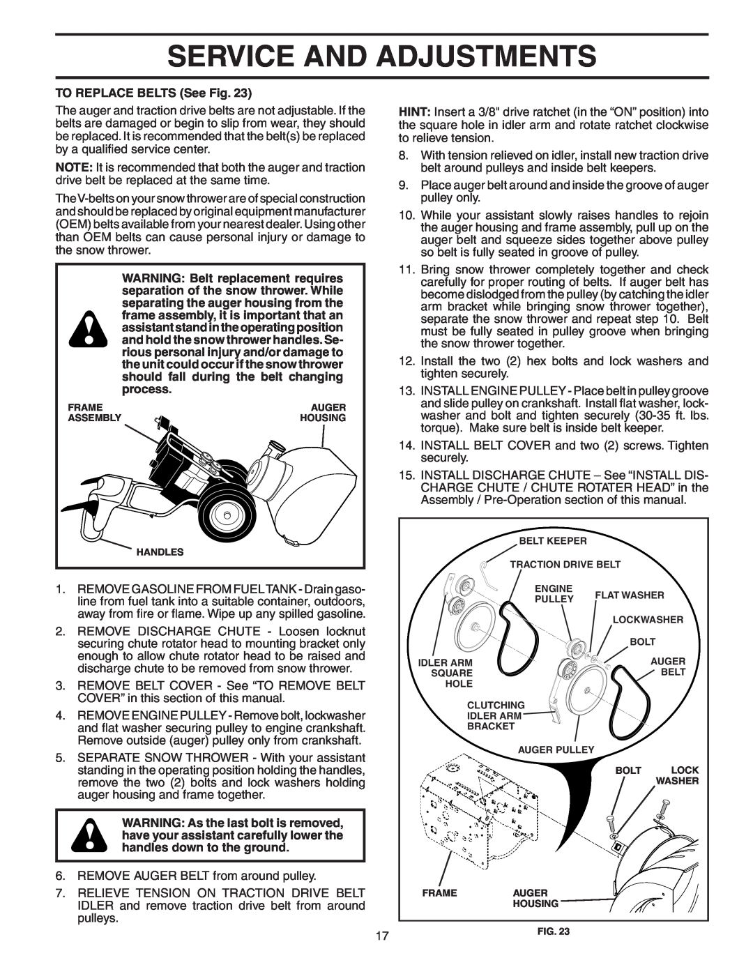 Poulan P8527ESA owner manual Service And Adjustments, TO REPLACE BELTS See Fig 