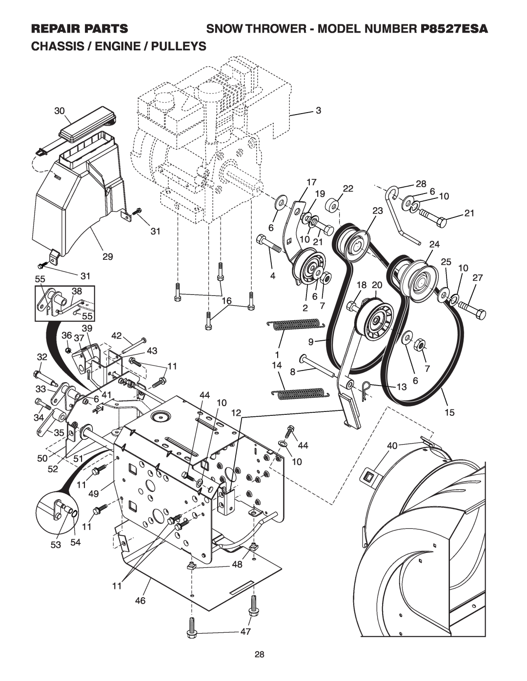 Poulan owner manual Chassis / Engine / Pulleys, Repair Parts, SNOW THROWER - MODEL NUMBER P8527ESA 