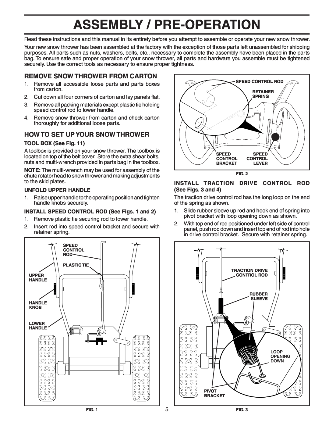 Poulan P8527ESA owner manual Assembly / Pre-Operation, Remove Snow Thrower From Carton, How To Set Up Your Snow Thrower 