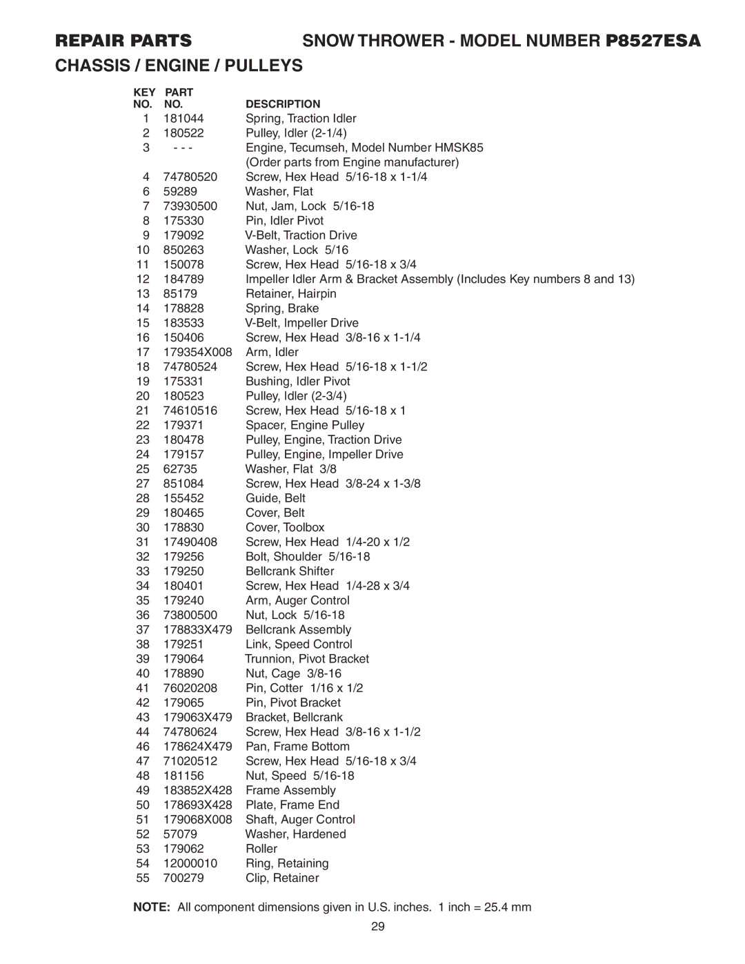 Poulan P8527ESA owner manual KEY Part Description 