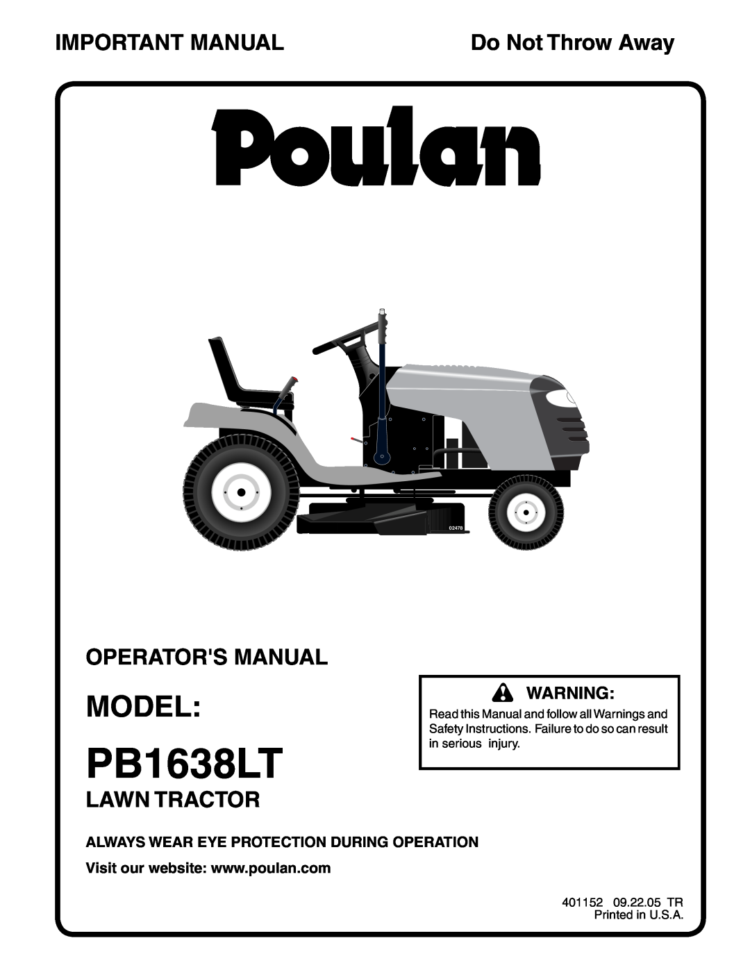 Poulan PB1638LT manual Model, Important Manual, Operators Manual, Lawn Tractor, Do Not Throw Away, 02478 