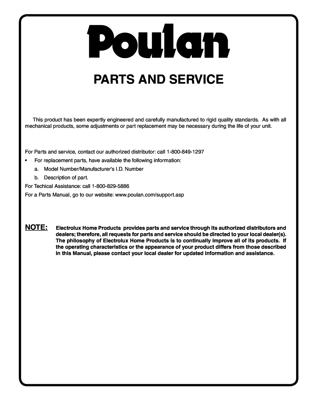 Poulan PB1638LT manual Parts And Service 