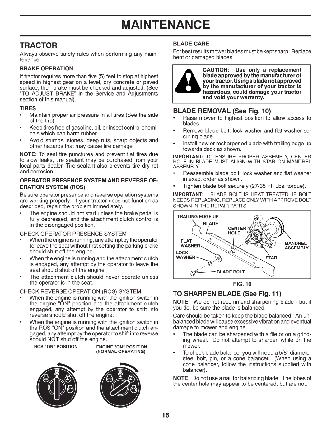 Poulan PB175H42LT manual Tractor, Blade Removal See Fig, To Sharpen Blade See Fig 