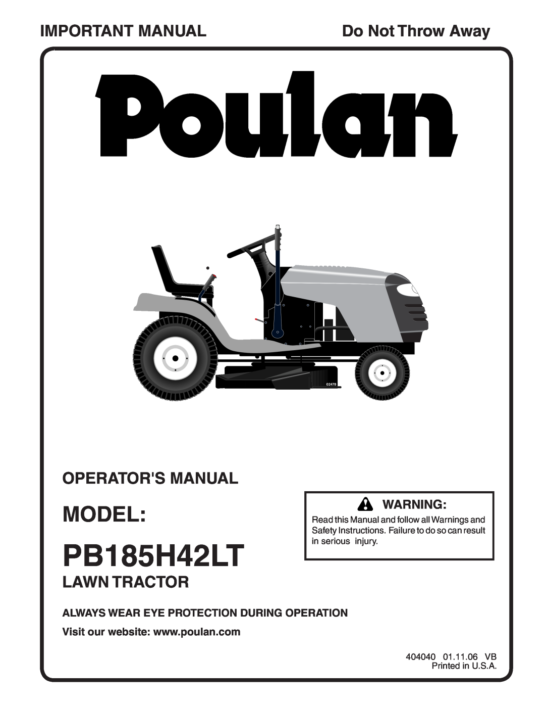 Poulan PB185H42LT manual Model, Important Manual, Operators Manual, Lawn Tractor, Do Not Throw Away, 02478 