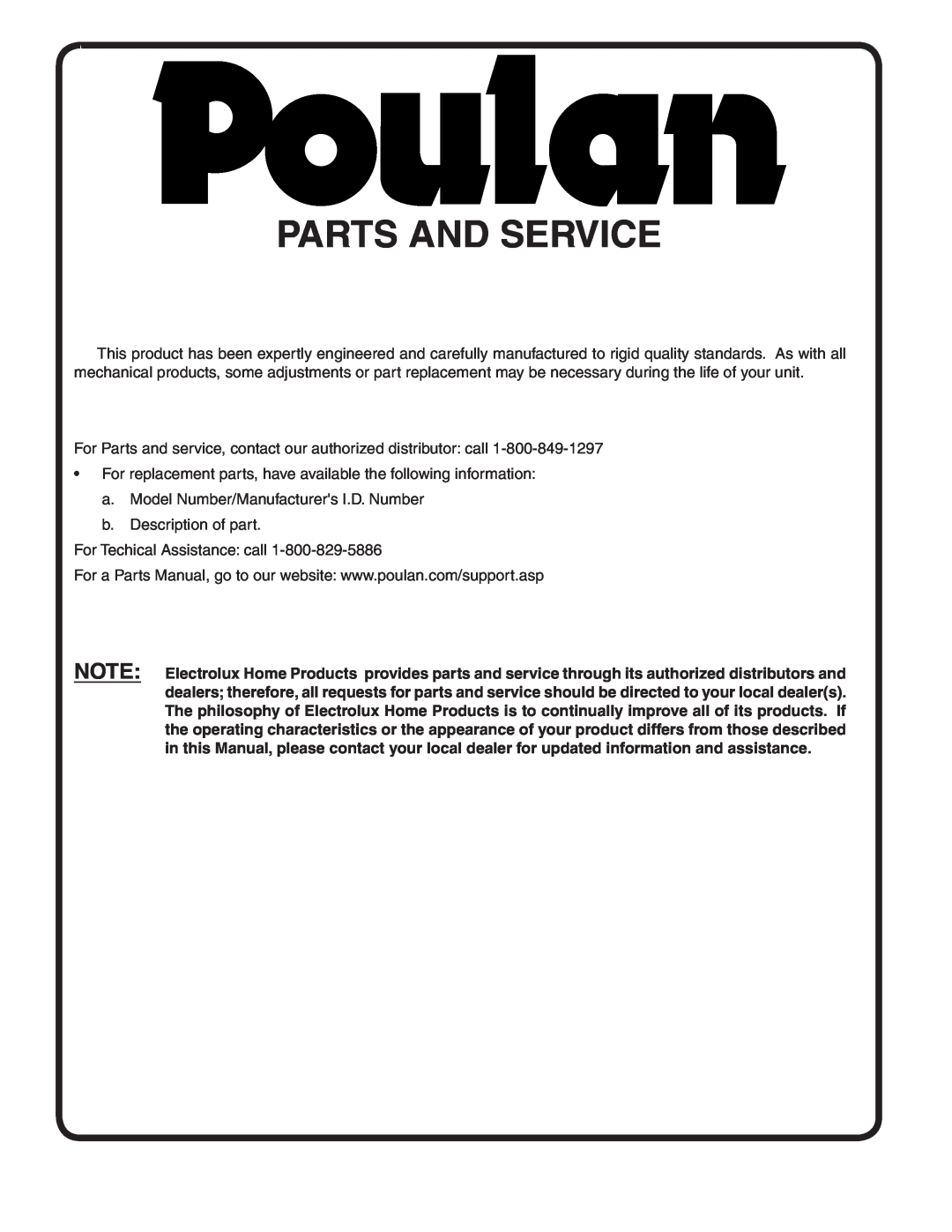 Poulan PB185H42LT manual Parts And Service 