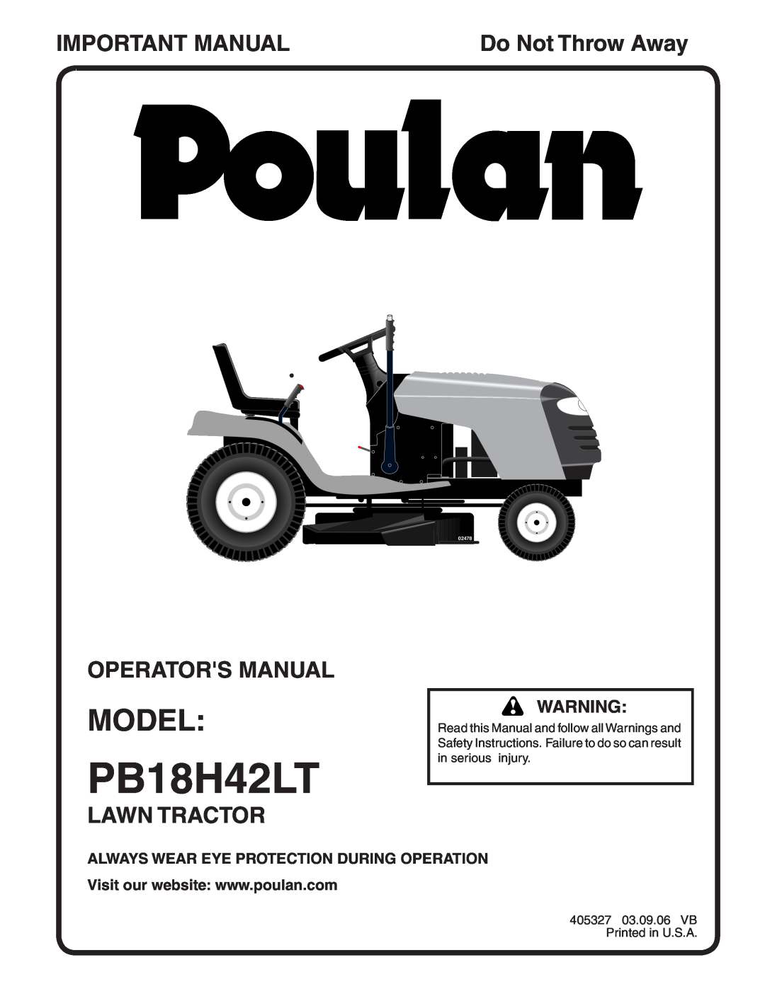 Poulan PB18H42LT manual Model, Important Manual, Operators Manual, Lawn Tractor, Do Not Throw Away, 02478 