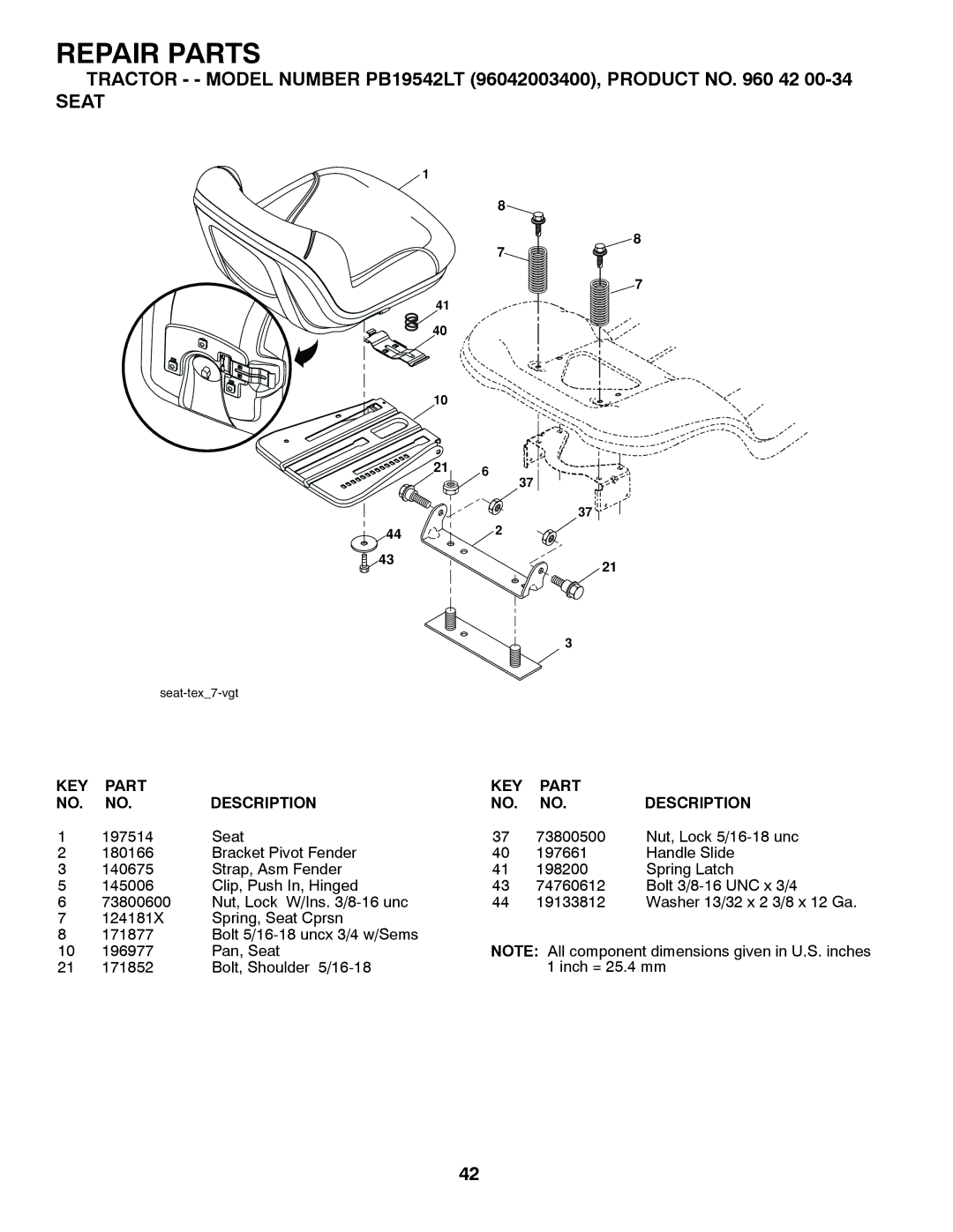 Poulan PB19542LT manual Seat 