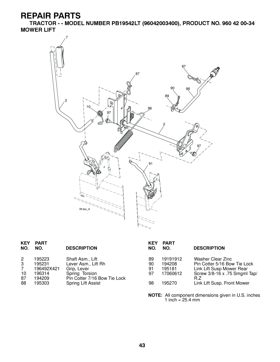 Poulan PB19542LT manual Mower Lift 