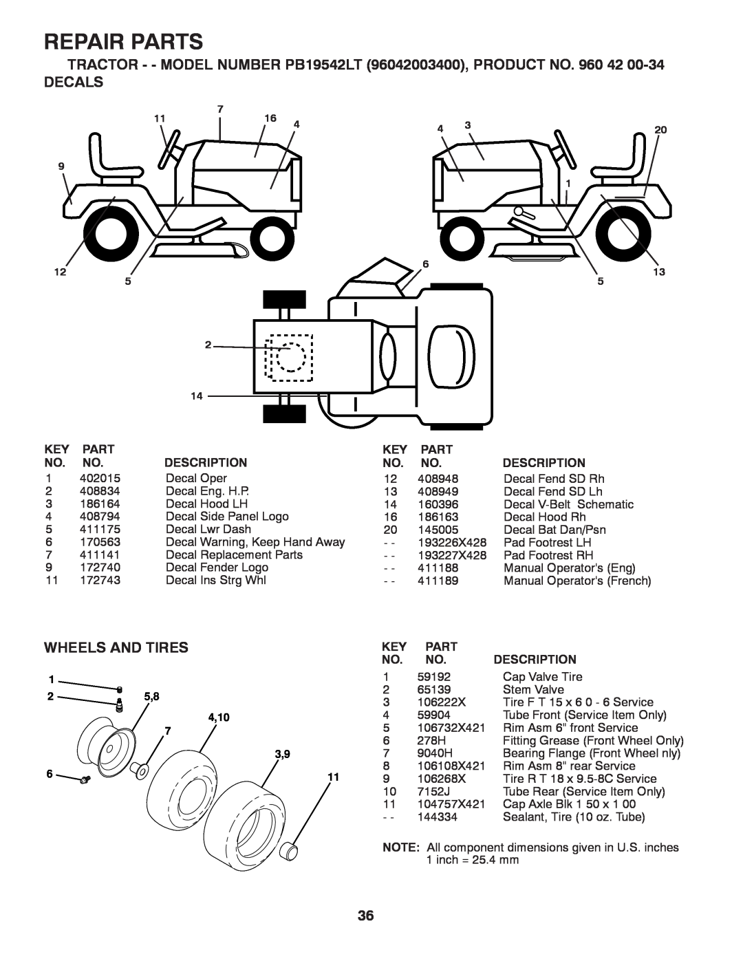 Poulan PB19542LT manual Decals, Wheels And Tires, Repair Parts, Description 