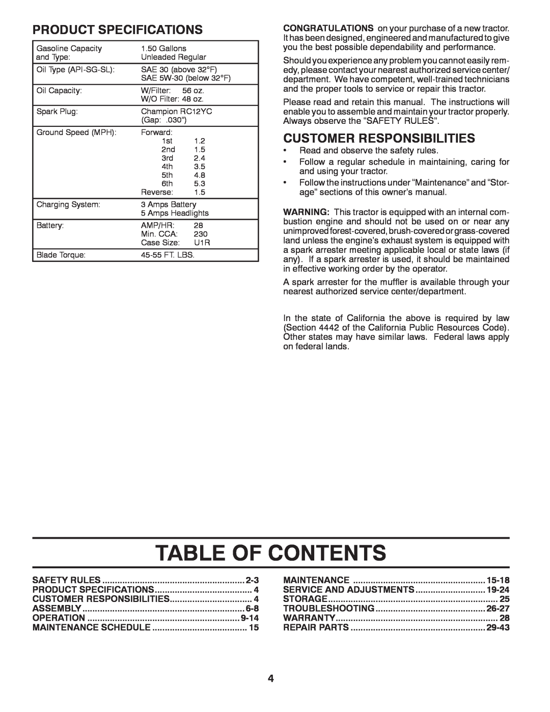 Poulan PB19542LT Table Of Contents, Product Specifications, Customer Responsibilities, 9-14, 15-18, 19-24, 26-27, 29-43 