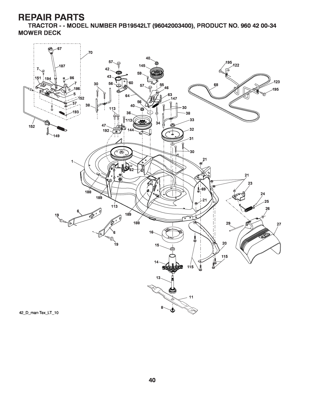 Poulan manual Mower Deck, Repair Parts, TRACTOR - - MODEL NUMBER PB19542LT 96042003400, PRODUCT NO, 189 113 189, 2927 