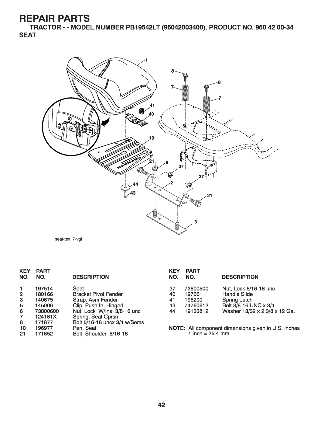Poulan manual Seat, Repair Parts, TRACTOR - - MODEL NUMBER PB19542LT 96042003400, PRODUCT NO, Description 