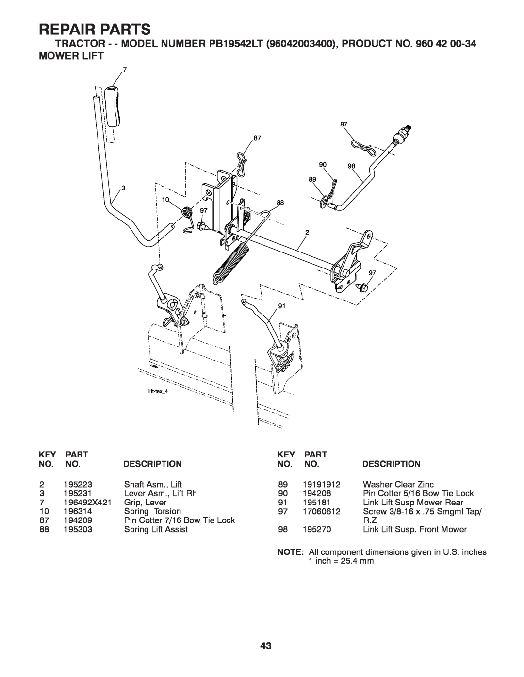 Poulan manual Mower Lift, Repair Parts, TRACTOR - - MODEL NUMBER PB19542LT 96042003400, PRODUCT NO. 960 42, Description 