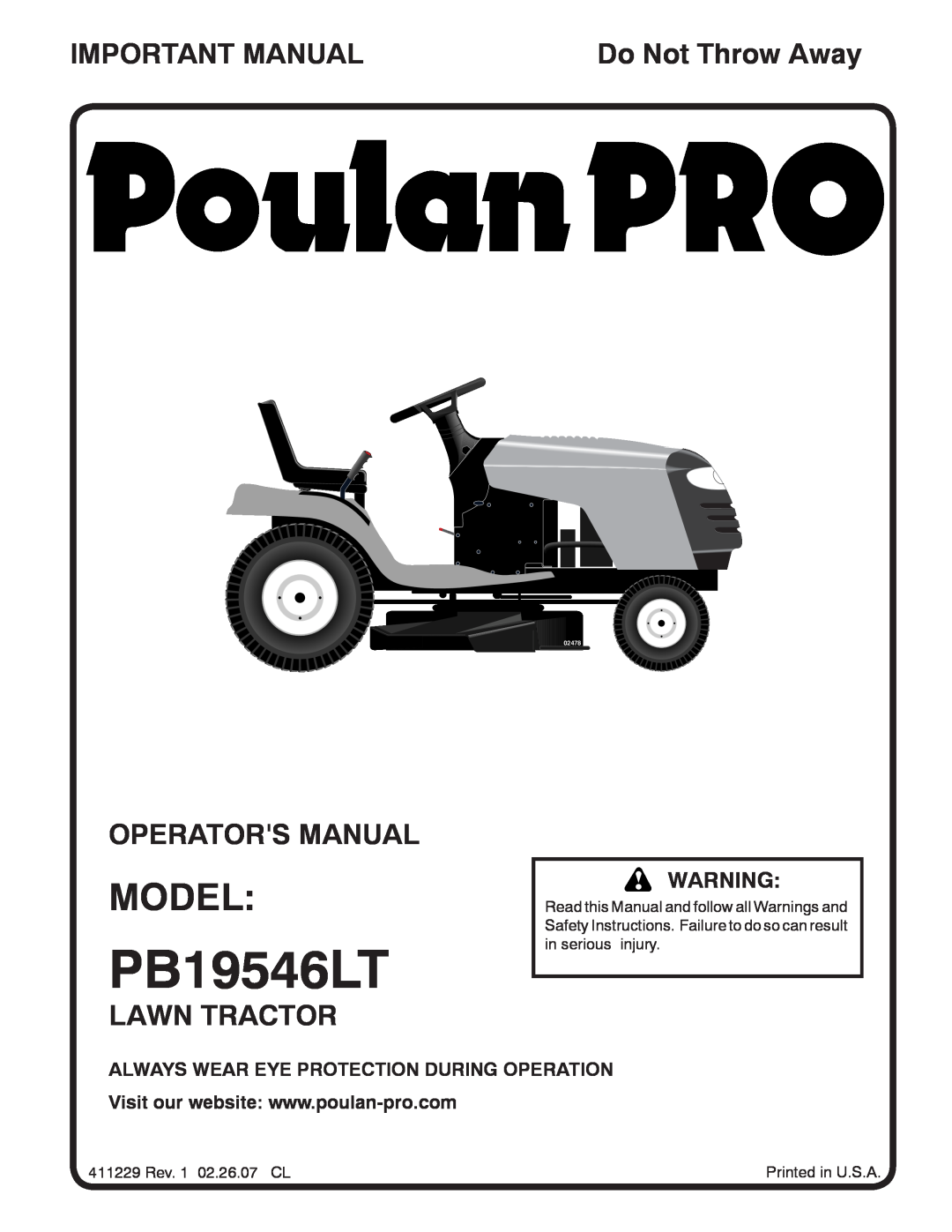 Poulan pb19546lt manual Model, Important Manual, Operators Manual, Lawn Tractor, PB19546LT, Do Not Throw Away, 02478 