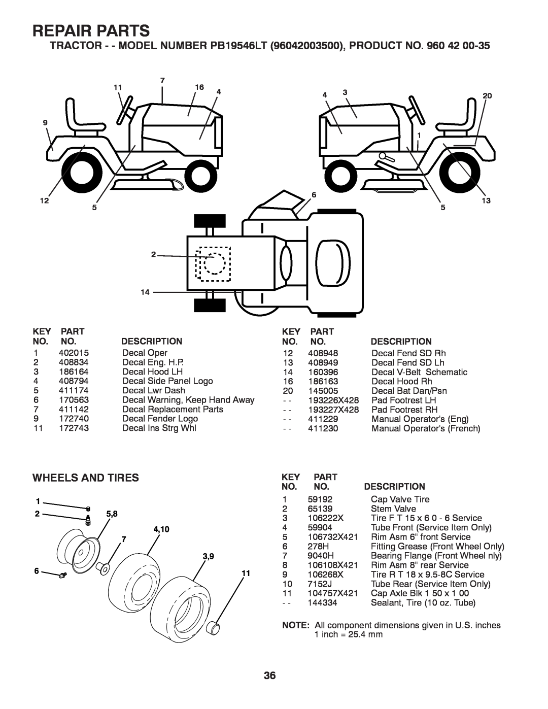 Poulan pb19546lt manual Wheels And Tires, Repair Parts, TRACTOR - - MODEL NUMBER PB19546LT 96042003500, PRODUCT NO. 960 