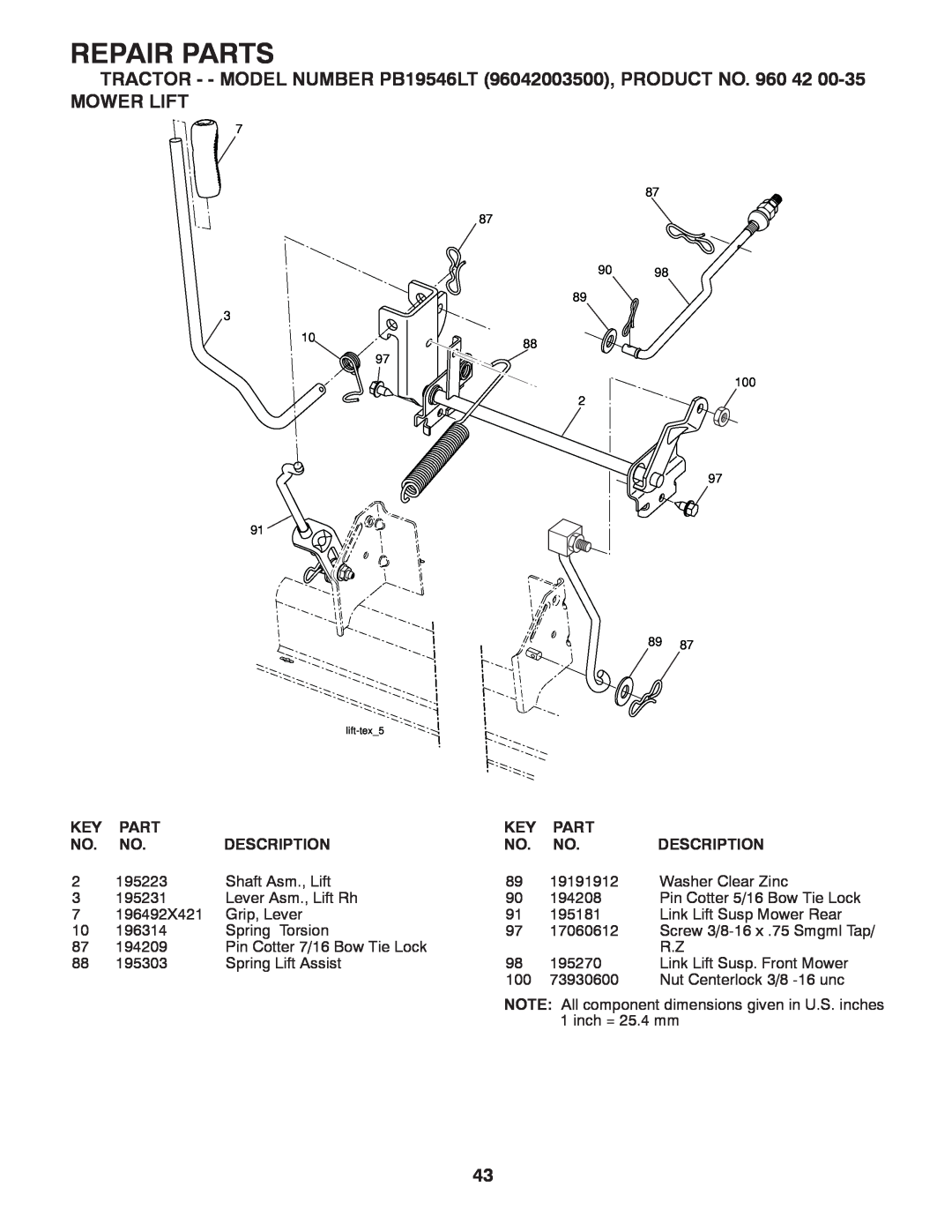 Poulan pb19546lt Mower Lift, Repair Parts, TRACTOR - - MODEL NUMBER PB19546LT 96042003500, PRODUCT NO. 960, Description 