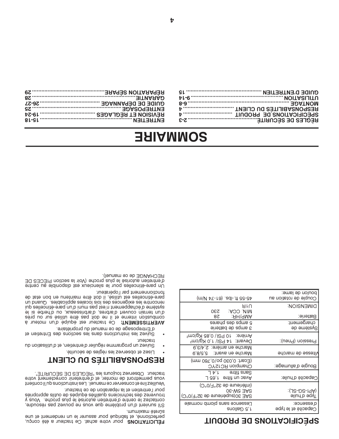 Poulan PB195H42LT manual Sommaire, U1R Dimension, Cca .Min Amp/Hr, Sl-Sg-Api 