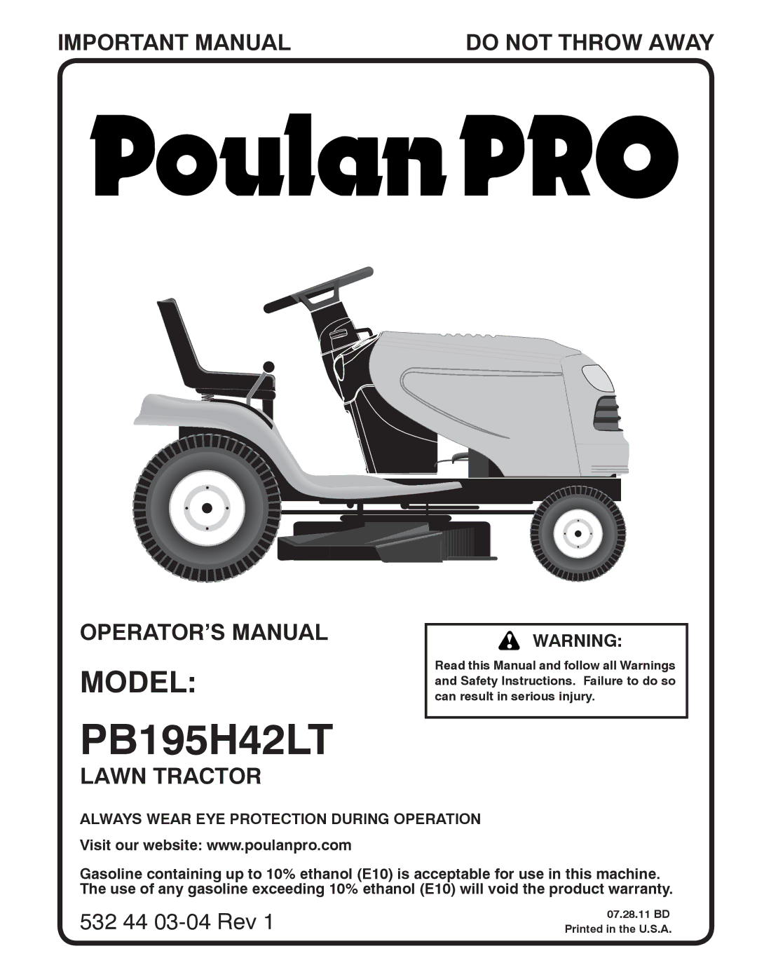 Poulan PB195H42LT warranty Always Wear EYE Protection During Operation 