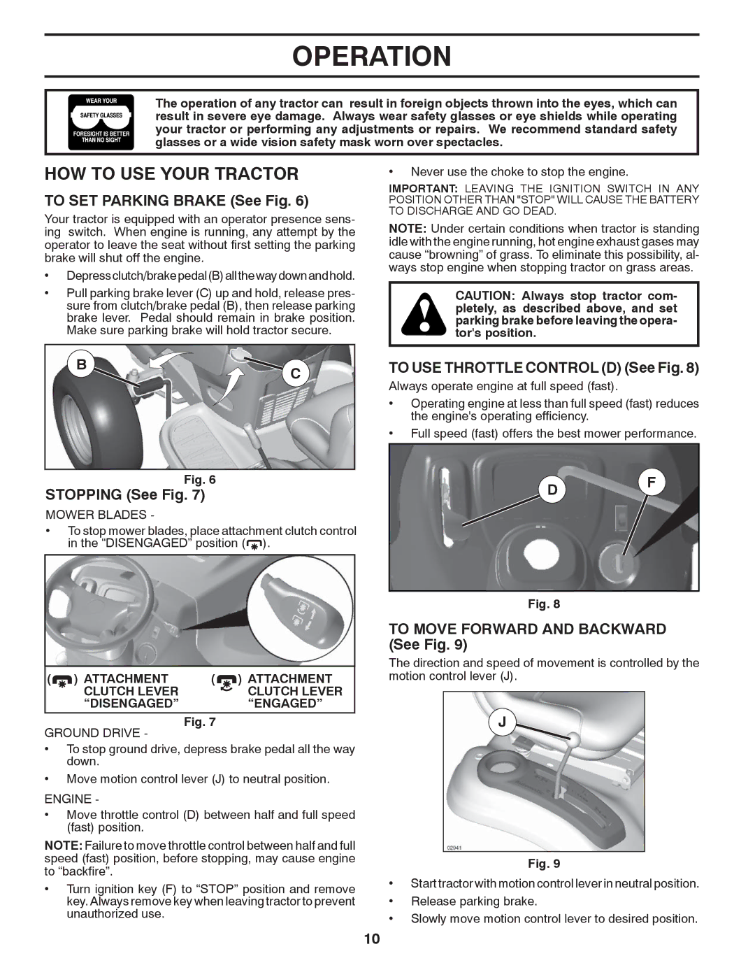 Poulan PB195H42LT warranty HOW to USE Your Tractor, To SET Parking Brake See Fig, Stopping See Fig 