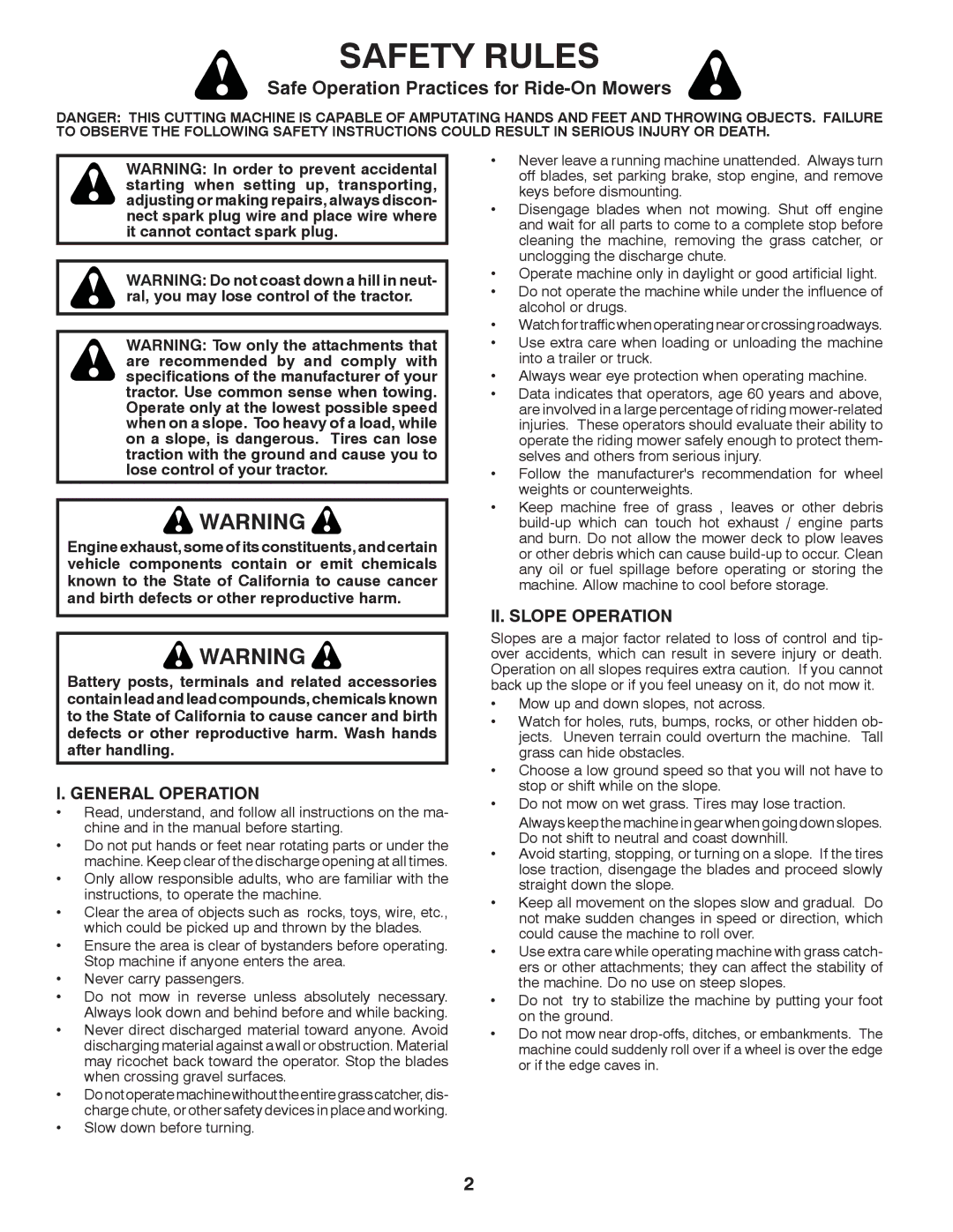 Poulan PB195H42LT warranty Safety Rules, Safe Operation Practices for Ride-On Mowers 