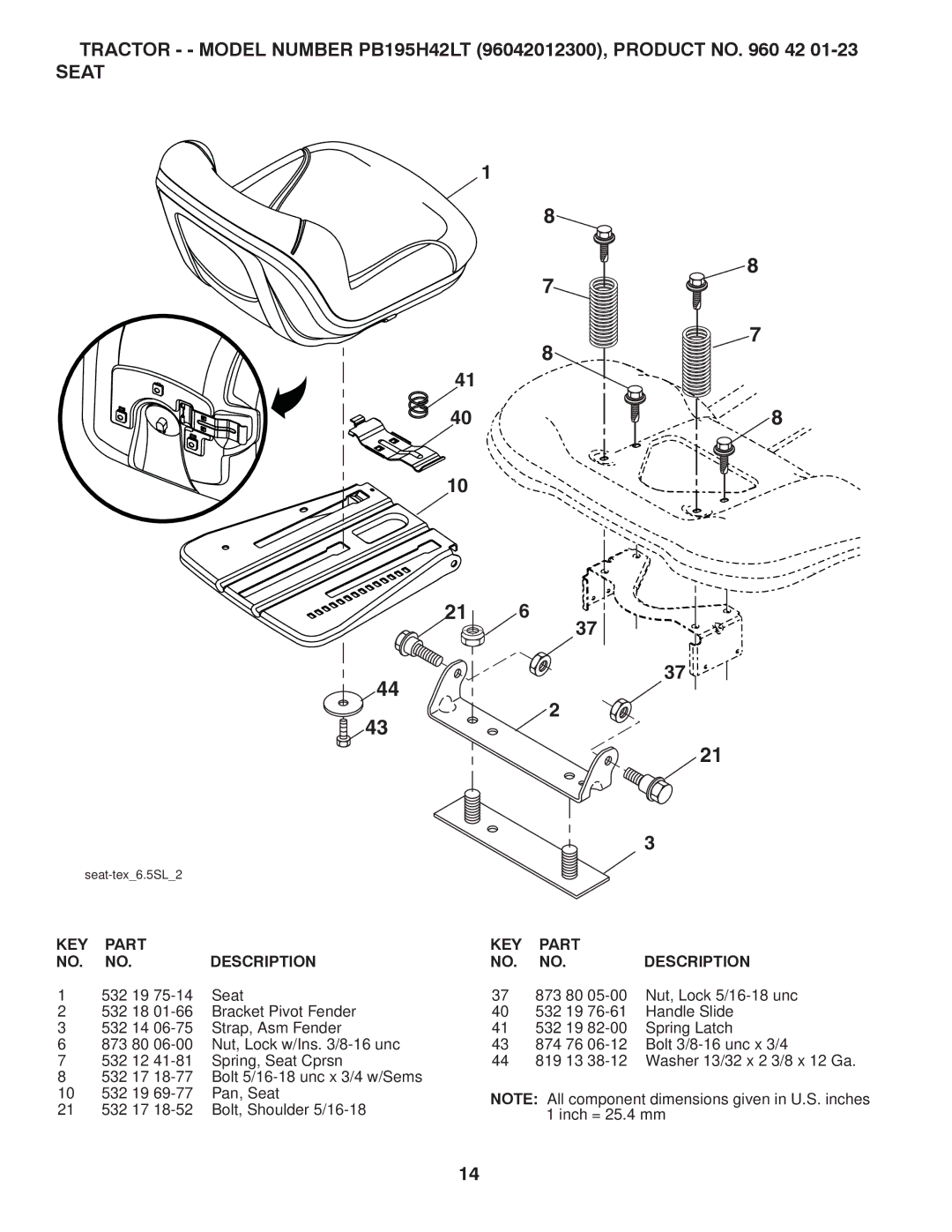 Poulan PB195H42LT manual Seat 