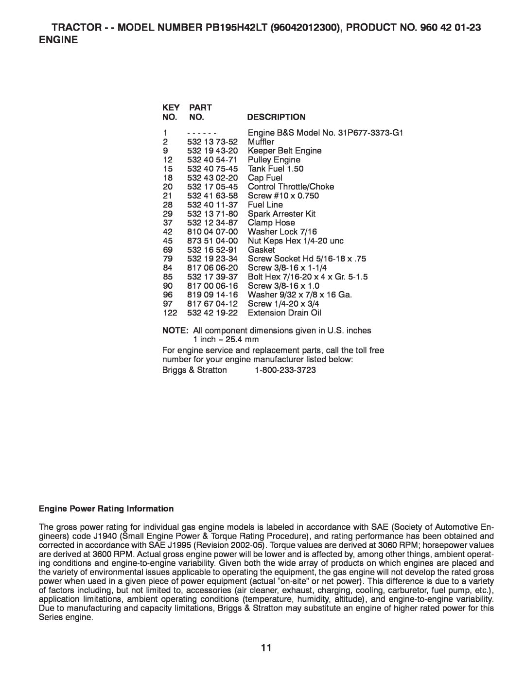 Poulan PB195H42LT manual Part, Description, Engine Power Rating Information 