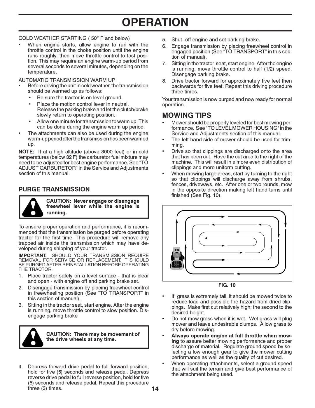 Poulan PB195H42LTX manual Mowing Tips, Purge Transmission, Automatic Transmission Warm UP, Running 