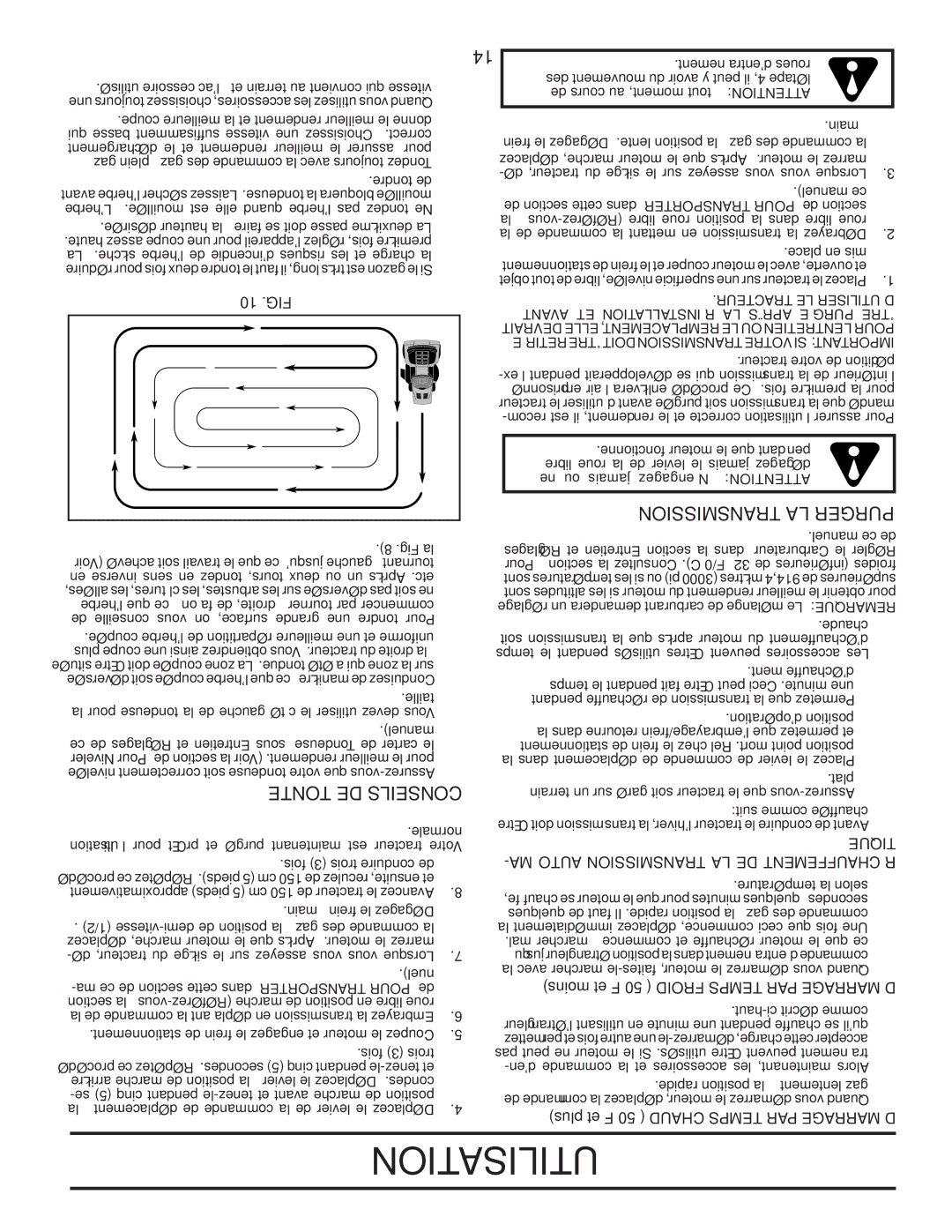 Poulan PB195H42LTX manual Utilisation, Transmission LA Purger, Tonte DE Conseils, 10 .FIG 