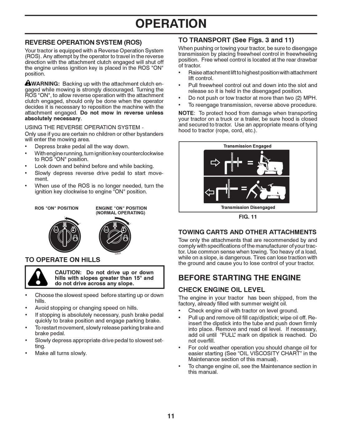 Poulan PB195H46YT Before Starting the Engine, Reverse Operation System ROS, To Operate on Hills, To Transport See Figs 