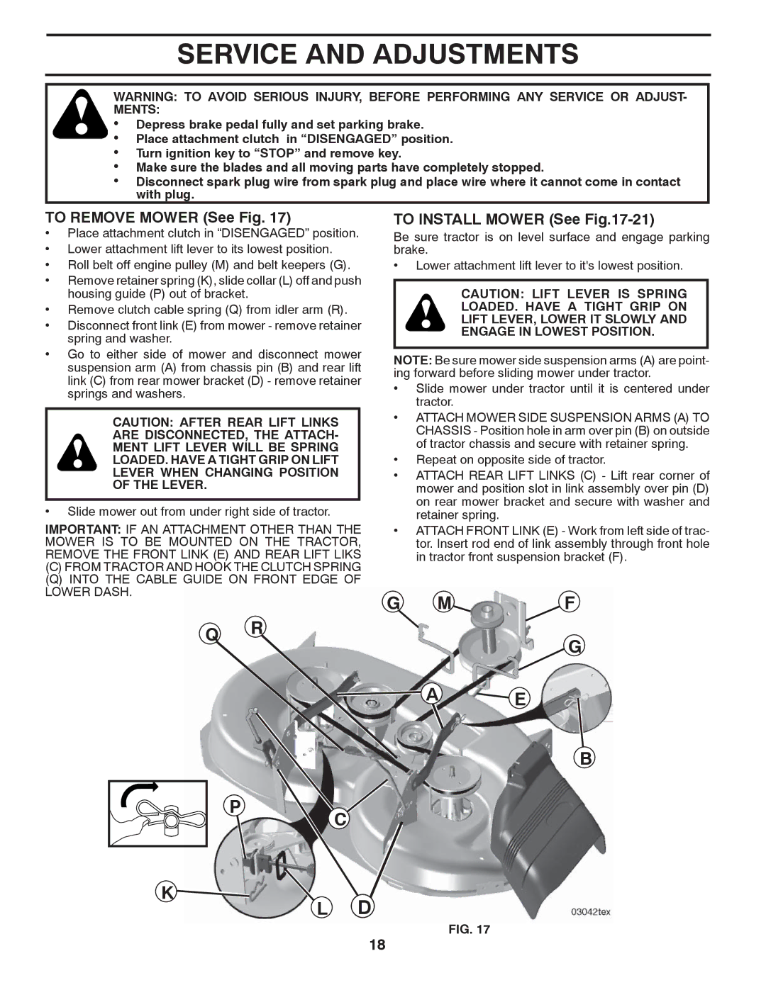 Poulan PB195H46YT manual Service and Adjustments, To Remove Mower See Fig, To Install Mower See -21 