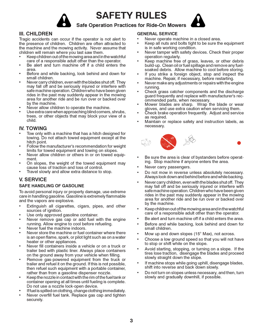 Poulan PB195H46YT manual III. Children, IV. Towing, Safe Handling of Gasoline, General Service 