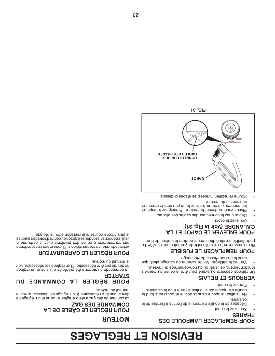 Poulan PB195H46YT manual Reglages ET Revision, Moteur, Carburateur LE Régler Pour, Starter DU Commande LA Régler Pour 