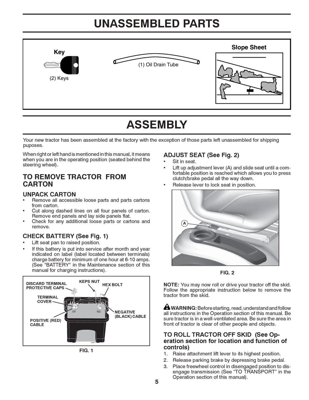 Poulan PB195H46YT manual Unassembled Parts, Assembly, To Remove Tractor from Carton, Unpack Carton 