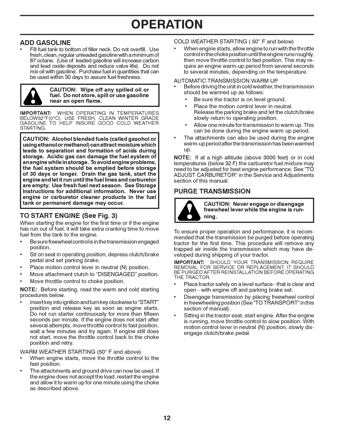 Poulan PB19H42YT manual ADD Gasoline, To Start Engine See Fig, Purge Transmission, Automatic Transmission Warm UP 