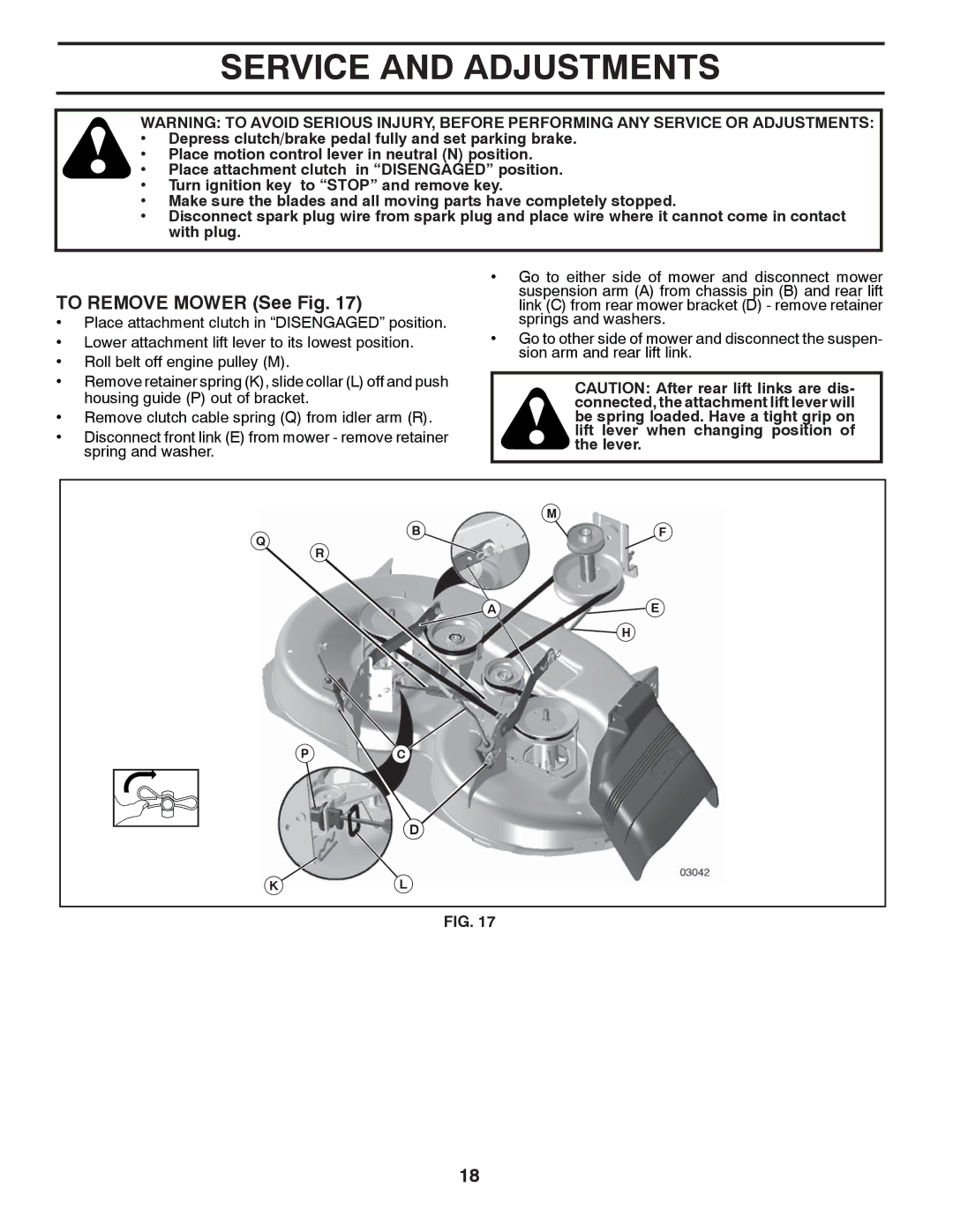 Poulan PB19H42YT manual Service and Adjustments, To Remove Mower See Fig 