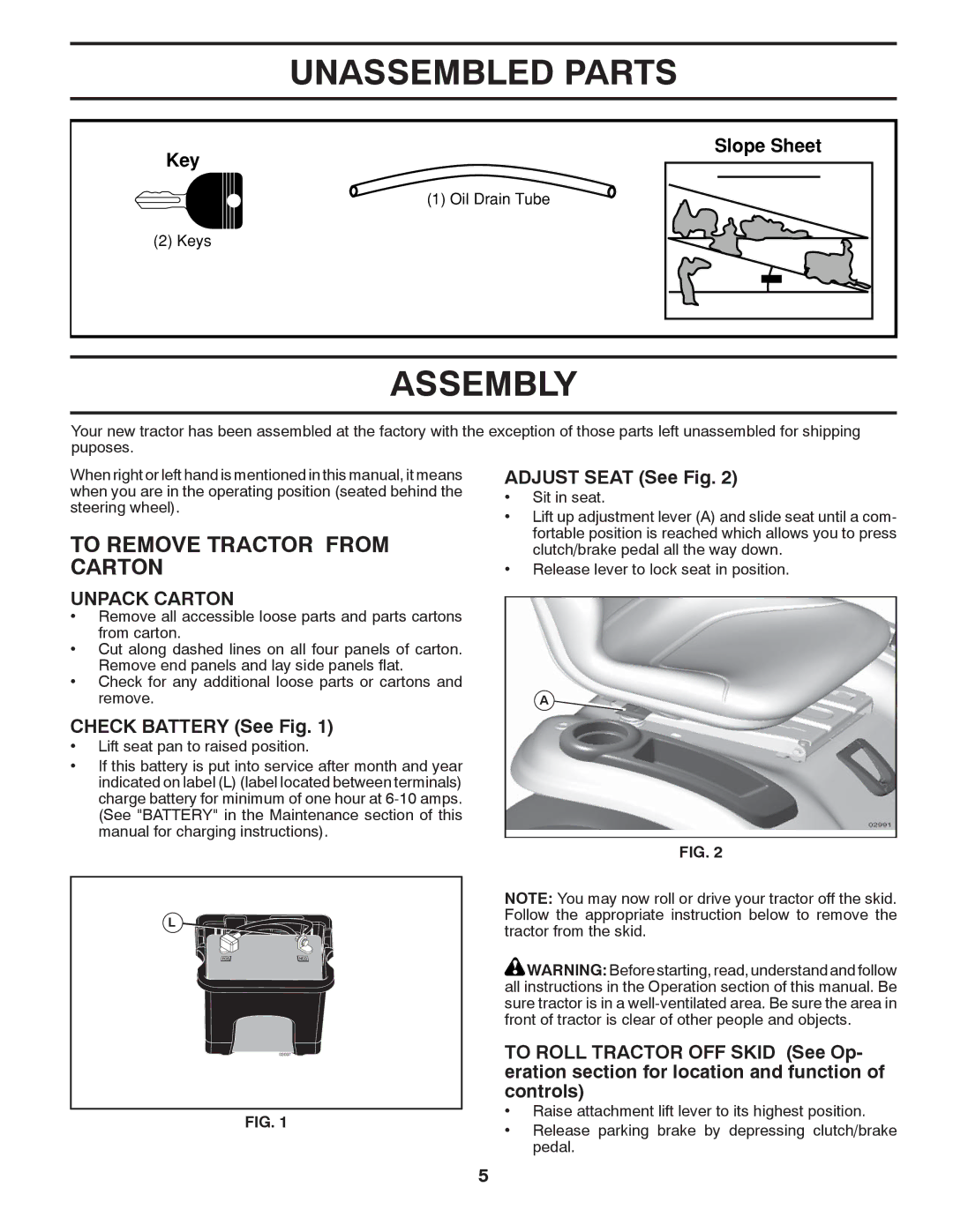 Poulan PB19H42YT manual Unassembled Parts, Assembly, To Remove Tractor from Carton, Unpack Carton 