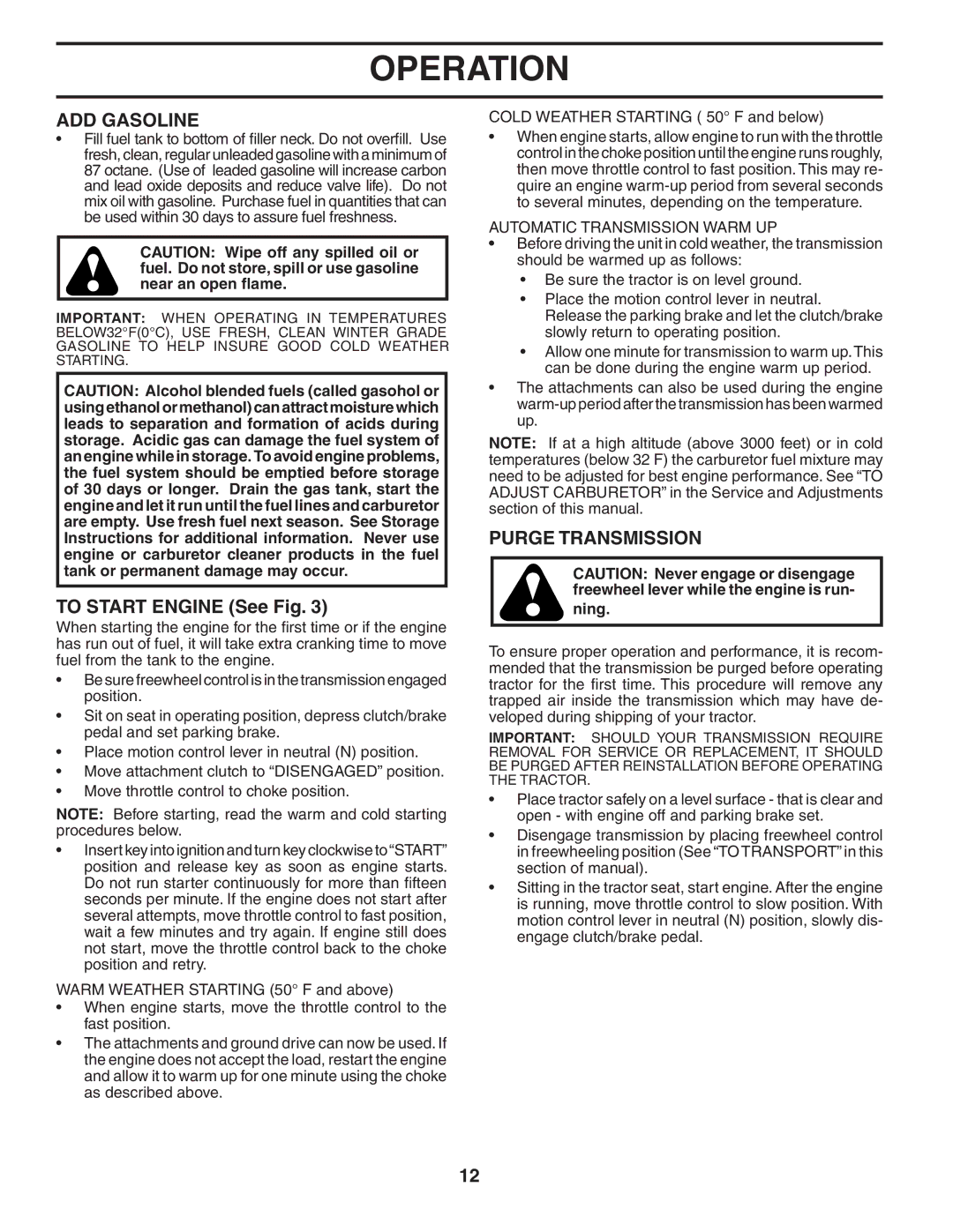 Poulan PB20H42YT manual ADD Gasoline, To Start Engine See Fig, Purge Transmission, Automatic Transmission Warm UP 