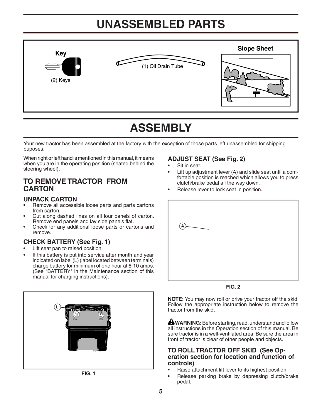 Poulan PB20H42YT manual Unassembled Parts, Assembly, To Remove Tractor from Carton, Unpack Carton 