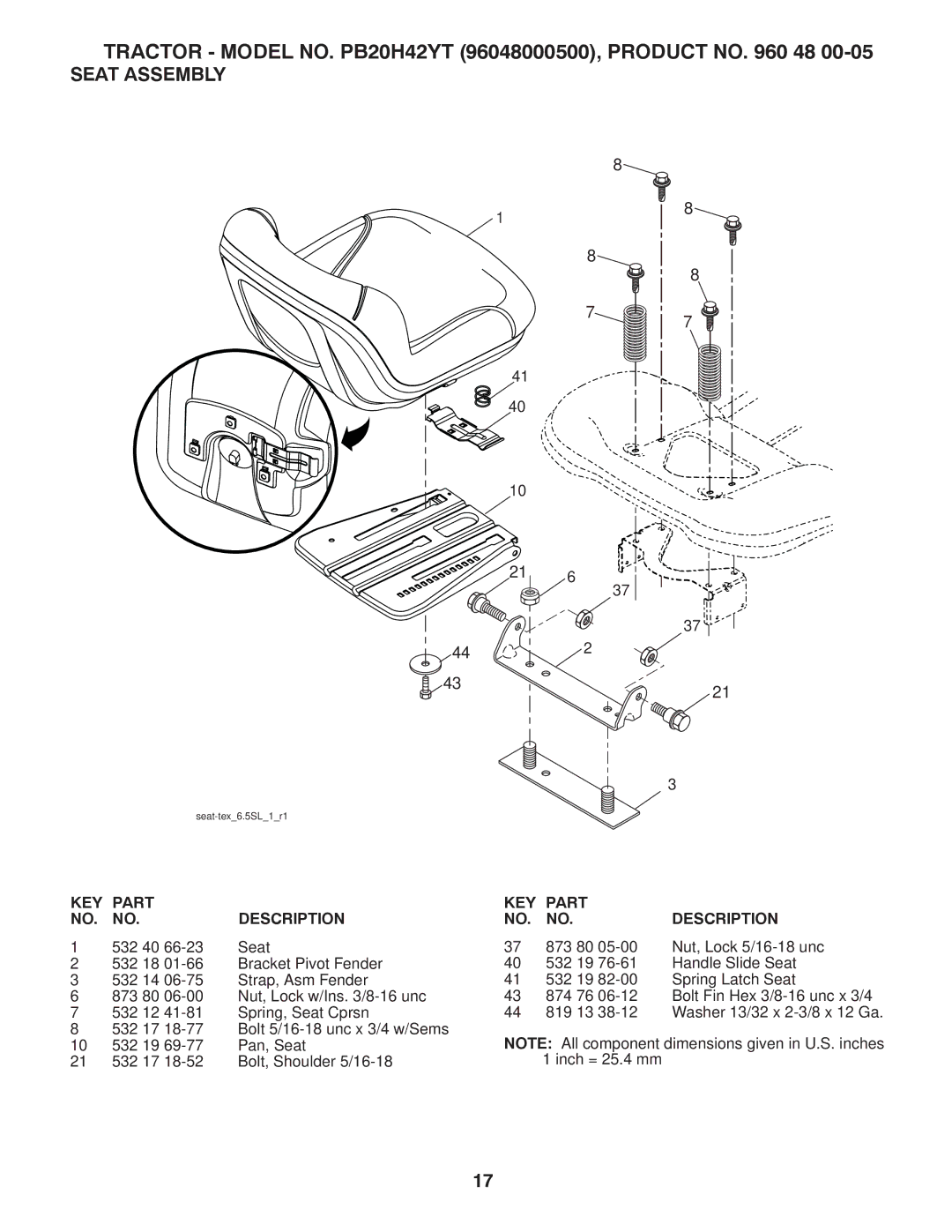 Poulan PB20H42YT manual Seat Assembly, 532 40 Seat 